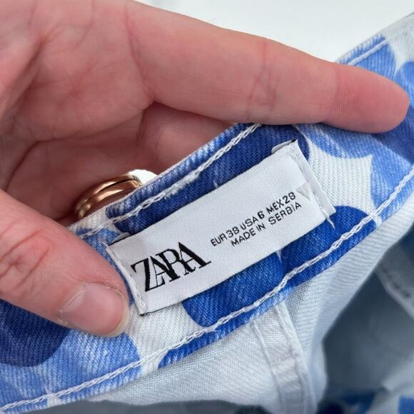 Zara Blue White Hippie Button Fly Funky High Rise Floral Straight Leg Jeans 6 - Picture 8 of 8